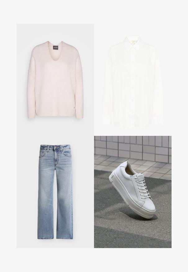 Lichtroze v-hals trui van zacht materiaal, met een relaxte pasvorm en ribbelstructuur. Opvallend logo detail aan de zoom.; Witte blouse met lange mouwen, knoopsluiting voor, een klassieke kraag en een reguliere pasvorm. Gemaakt van gladde stof, met acht knopen aan de voorkant.; Lichtblauwe high-waisted rechte jeans met knoop- en ritssluiting aan de voorkant, voor- en achterzakken en subtiele vervaagde details.; Witte leren sneaker met een low-top ontwerp, platte veters, ronde neus en textuur zijden. Dikke rubberen zool met subtiele accenten.