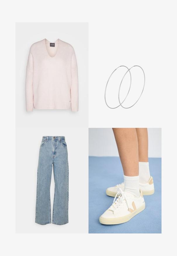 Lichtroze v-hals trui van zacht materiaal, met een relaxte pasvorm en ribbelstructuur. Opvallend logo detail aan de zoom.; Lichtblauwe wijde denim jeans met hoge taille, sluiting met voorknop en rits, en vijfzakkenontwerp op een effen achtergrond.; Witte sneakers met tan accenten, ronde neus en witte veters. Draag met geribbelde witte sokken, tegen een lichtblauwe achtergrond.; Zilveren hoepel oorbellen met een minimalistisch ontwerp. Cirkelvormig, gladde textuur en dun profiel. Lichtgewicht met een gepolijste afwerking.