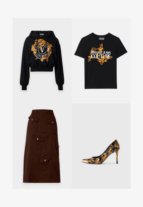 Sort cropped hoodie lavet af blødt stof, der har en guldfarvet og orange udsmykning med cirkulær tekst og et centralt "V" logo.; Sort bomulds t-shirt med hvid tekst "VERSACE JEANS COUTURE" og et overdådigt guld design omkring teksten, korte ærmer, rund halsudskæring.; Brun knælang nederdel lavet af bomuld med flere klaplommer, der har guldknapper og en tætsiddende talje. Glat tekstur.; Spidse højhælede sko med en glossy sort overflade, prydet med gyldne blomster mønstre og en metallisk guldkappe på tåen.
