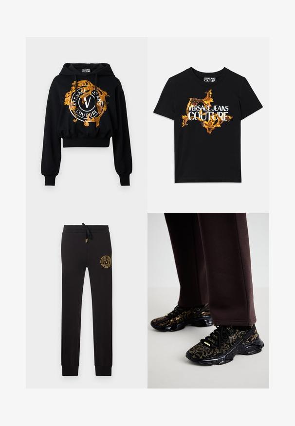 Sort cropped hoodie lavet af blødt stof, der har en guldfarvet og orange udsmykning med cirkulær tekst og et centralt "V" logo.; Sort bomulds t-shirt med hvid tekst "VERSACE JEANS COUTURE" og et overdådigt guld design omkring teksten, korte ærmer, rund halsudskæring.; Sorte slim-fit joggers med snøre i taljen og gyldent Versace Jeans Couture logo-patch på øverste venstre lår.; Sorte sneakers med guldprikker, struktureret overflade og en kraftig sort sål. Parret med brune sweatpants, der viser et tætsiddende design.