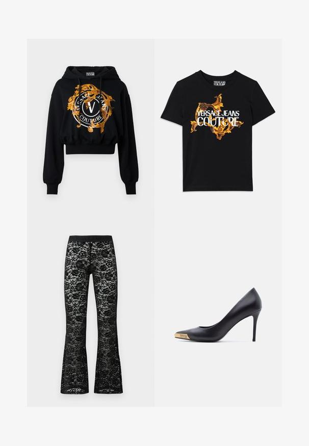 Sort cropped hoodie lavet af blødt stof, der har en guldfarvet og orange udsmykning med cirkulær tekst og et centralt "V" logo.; Sort bomulds t-shirt med hvid tekst "VERSACE JEANS COUTURE" og et overdådigt guld design omkring teksten, korte ærmer, rund halsudskæring.; Sorte blonde flared bukser med blomstermønster, elastisk sort talje, gennemsigtig tekstur og en tætsiddende silhuet.; Sort læder højhælet pumpe med spids snude, guldmetalspids indgraveret med "Versace Jeans Couture," vist fra siden på hvid baggrund.