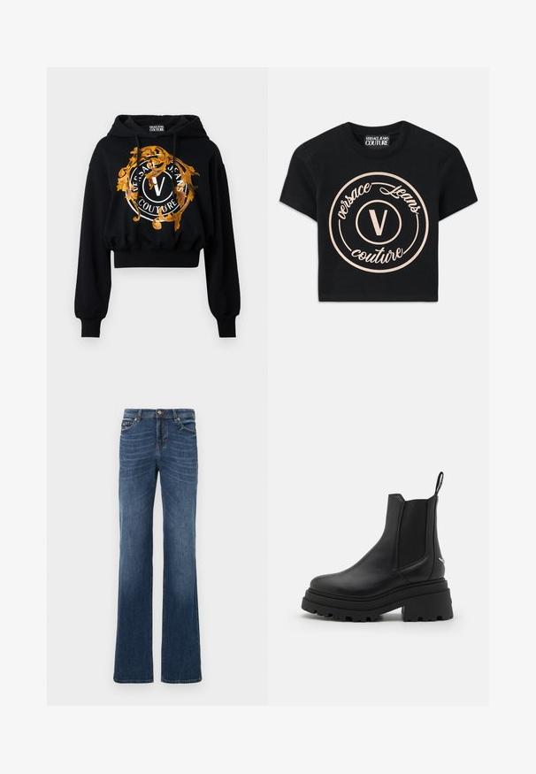 Haut à capuche court noir en tissu doux, orné d'un graphique doré et orange avec un texte circulaire et un logo central en "V".; T-shirt en coton noir avec un grand logo circulaire beige comprenant "Versace Jeans Couture" et un "V" central dans une police élégante. Manches courtes.; Jean en denim bleu foncé avec une coupe droite, coutures intactes, un léger délavage à l'avant, et une fermeture classique à boutons et à zip.; Bottines Chelsea noires en cuir lisse avec des panneaux latéraux élastiques, une semelle en caoutchouc épaisse et nervurée, et une languette à l'arrière.