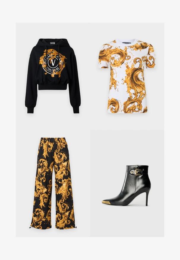 Sort cropped hoodie lavet af blødt stof, der har en guldfarvet og orange udsmykning med cirkulær tekst og et centralt "V" logo.; Hvid Versace Jeans T-shirt med korte ærmer og prangende barokmønstre i guld og brune farver med swirl- og splash-designs.; Sorte bukser med vide ben og elastisk talje, prydet med et dristigt barokmønster i gylden-gul farve og justerbare snore ved buksekanterne.; Sort ankelstøvle lavet af skinnende læder med spids tå, stilet hæl og guldfarvet hardware med en dekorativ spænde-detalje.