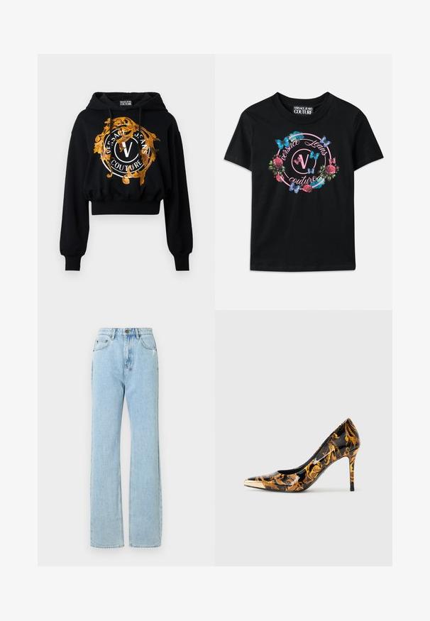 Μαύρο cropped hoodie κατασκευασμένο από μαλακό ύφασμα, με μια χρυσή και πορτοκαλί περίτεχνη γραφική απεικόνιση που περιλαμβάνει κυκλικό κείμενο και ένα κεντρικό λογότυπο "V".; Μαύρη μπλούζα με γραφικό σχέδιο πολύχρωμων λουλουδιών και πεταλούδων, με ροζ και μπλε λεπτομέρειες. Ο τίτλος "Versace Jeans Couture" εκτυπωμένος σε κυκλικό σχέδιο.; Ανοιχτό μπλε τζιν παντελόνι με ίσια γραμμή, διαθέτει φερμουάρ, πέντε τσέπες και λεπτομέρειες με απαλές τριβές.; Μαύρη γυαλιστερή γόβα με αιχμηρή μύτη, διακοσμημένη με χρυσά λουλουδάτα μοτίβα και μεταλλική χρυσή κάπα στην μύτη.