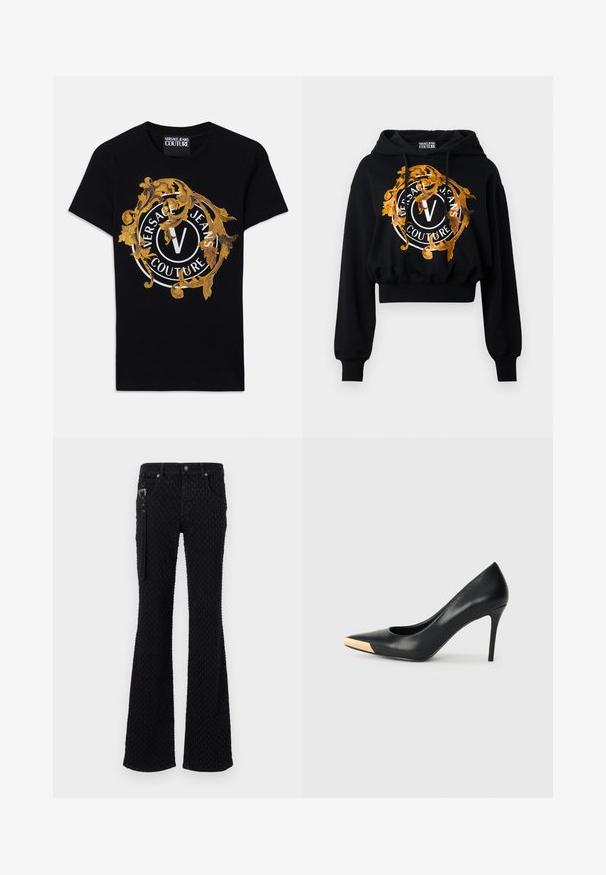 Sudadera corta negra hecha de un tejido suave que presenta un gráfico ornamentado en dorado y naranja con texto circular y un logo central en forma de "V".; Camiseta de manga corta negra de Versace Jeans Couture con diseño barroco dorado y logo circular blanco centrado en la parte frontal.; Jeans negros de campana con una tela texturizada y un patrón sutil, accesorios de metal plateado y bolsillos frontales. Detalle con cremallera en el costado.; Zapato de tacón alto de cuero negro con puntera afilada; presenta un detalle metálico dorado en la tapa del tacón. Superficie lisa con un diseño elegante.