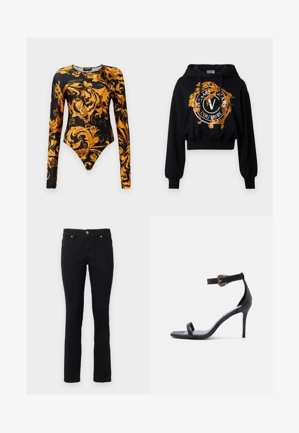 Μαύρο cropped hoodie κατασκευασμένο από μαλακό ύφασμα, με μια χρυσή και πορτοκαλί περίτεχνη γραφική απεικόνιση που περιλαμβάνει κυκλικό κείμενο και ένα κεντρικό λογότυπο "V".; Μαύρο κορμάκι με μακριά μανίκια, που διαθέτει επιβλητικά χρυσά floral σχέδια και σχεδίαση με υψηλή κοπή στο πόδι. Κατασκευασμένο από λείο ύφασμα.; Μαύρα τζιν παντελόνια με κανονική γραμμή, πέντε τσέπες, κούμπωμα με κουμπί και χρυσές λεπτομέρειες. Μαλακή υφή με ελάχιστες κατασκευαστικές λεπτομέρειες.; Μαύρο πέδιλο με ψηλό τακούνι και λεπτό λουράκι στον αστράγαλο με περίτεχνη χρυσή αγκράφα και ένα λουράκι στο δάχτυλο, με υφή δερμάτινου φινιρίσματος.