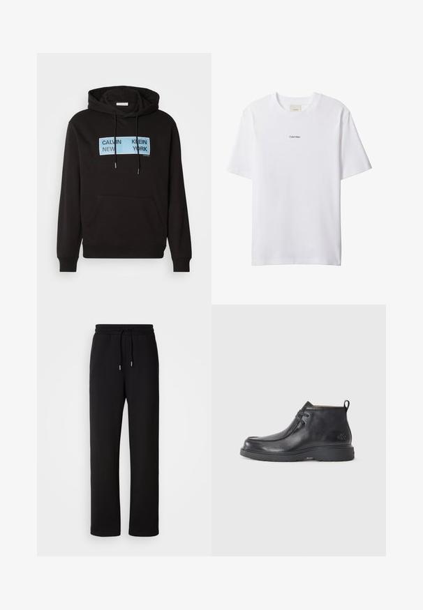 Sudadera negra con un bolsillo canguro en la parte delantera, que presenta un gráfico rectangular azul con "CALVIN KLEIN NEW YORK" impreso en letras negras y en negrita.; Camiseta blanca de algodón con cuello redondo y mangas cortas. Cuenta con un pequeño logo negro de "Calvin Klein" centrado en el pecho.; Pantalones de chándal negros hechos de una tela suave, con cintura con cordón, piernas rectas y sin patrones ni acentos adicionales.; Botas de cuero negras hasta el tobillo con punta redondeada, diseño con cordones y una lengüeta en la parte trasera. Parte superior texturizada y suela de goma.