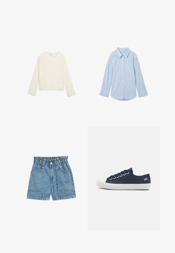 Suéter blanco, recortado, con un patrón de punto texturizado, escote redondo y mangas largas. Tejido suave con un corte holgado.; Camisa de botones azul claro con rayas verticales blancas, de mangas largas, cuello clásico y dobladillo redondeado. Fabricada en una tela suave.; Shorts de mezclilla con cintura elasticada, color azul claro, cuatro bolsillos y costuras visibles a lo largo de las costuras.; Zapatillas de lona azul marino con puntera y suela de goma blanca. Presentan una forma redondeada, diseño con cordones y un sutil detalle del logo en el lateral.
