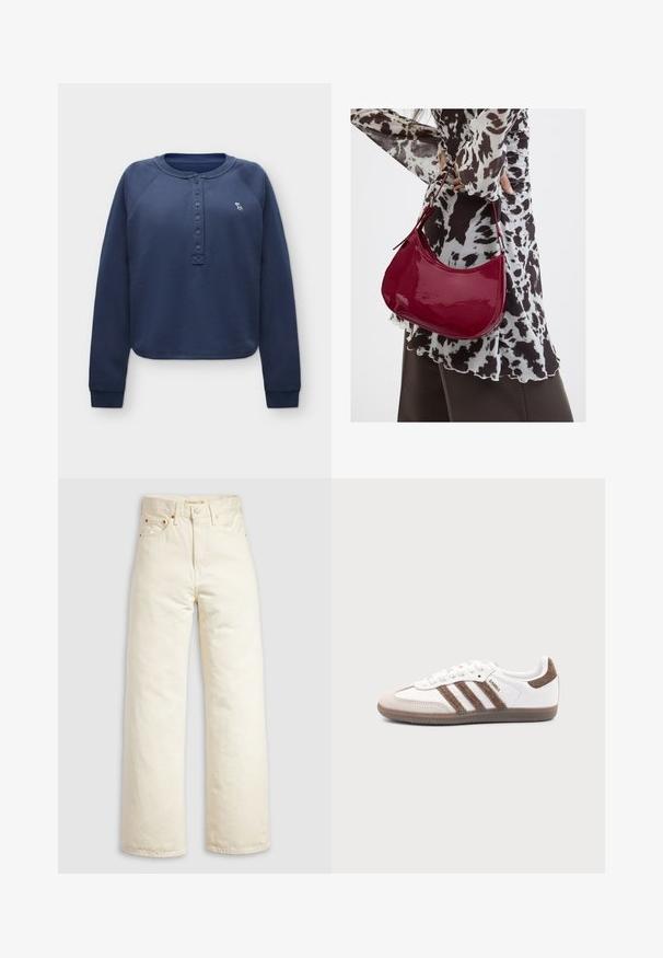 Marineblå langærmet trøje med knappet henley-halsudskæring og lille hvid elg-logo på venstre bryst.; Vidbenede jeans i offwhite denim med høj talje, kobbernitter og klassisk design med fem lommer. Struktureret stof med rene kanter.; Hvid Adidas Samba sneaker med brune ruskindstriber, brun gummisål og beige ruskindståhætte, vist fra ydersiden på en ensfarvet baggrund.; Kvinde iført en sort- og hvidmønstret bluse, der holder en blank rød skuldertaske mod en ensfarvet baggrund.