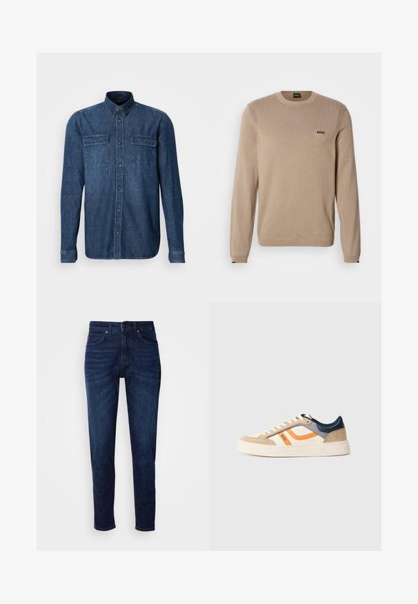 Jersey de punto beige con mangas largas, cuello redondo, detalles acanalados y pequeño logo negro 'BOSS' en el pecho. Textura suave, ajuste clásico.; Camisa de mezclilla de manga larga, azul oscuro, con dos bolsillos en el pecho con cierre de solapa, cierre de botones en la parte delantera, cuello con solapa y detalles cosidos en los puños.; Jeans de mezclilla azul oscuro con un diseño de pierna recta, que cuentan con bolsillos y un cierre de botón en la cintura. Textura suave, detalles de desvanecimiento mínimos.; Zapatilla baja en beige, blanco, naranja, gris y azul marino con detalles en ante, cordones delanteros, suela blanca y el logotipo "BOSS" en el lateral.