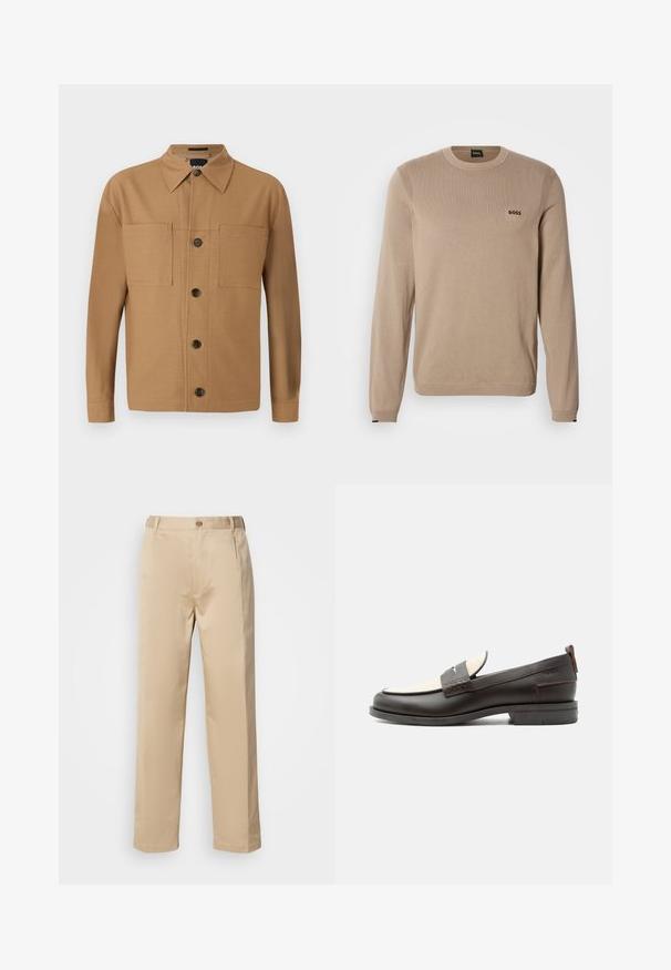 Pull en maille beige à manches longues, col rond, détails côtelés et petit logo noir « BOSS » sur la poitrine. Texture douce, coupe classique.; BOSS CRAIG - Chemise - medium beige; Pantalons beiges en tissu léger, avec une coupe droite, une taille avec passants de ceinture et une fermeture à bouton sur le devant.; Mocassin homme en cuir marron foncé avec panneau en tissu écru et détail classique de bride cousue, semelle plate et languette au talon.