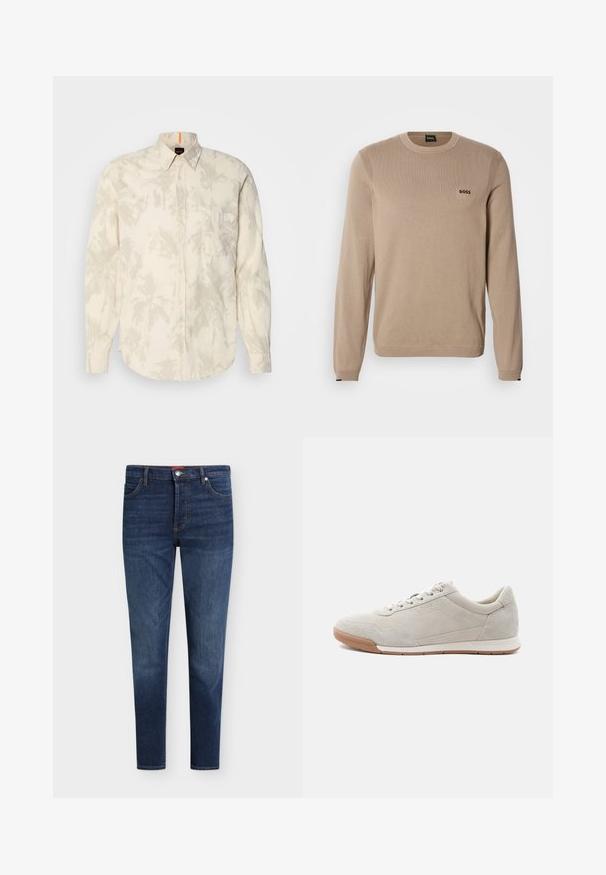 Beige striktrøje med lange ærmer, rund halsudskæring, ribbekanter og lille sort 'BOSS' logo på brystet. Blød tekstur, klassisk pasform.; Lyscreme knap-up skjorte med et palmebladsmønster, lange ærmer, en brystlomme og en rund kant. Lavet af blødt stof med en glat tekstur.; Mørkeblå slim-fit jeans med forlommer, bæltestropper, knaplukning og subtil falming på lår og knæ.; Lyse beige ruskindssneaker med hvide snørebånd, gummisål og subtile syningsdetaljer, vist fra venstre side på en hvid baggrund.