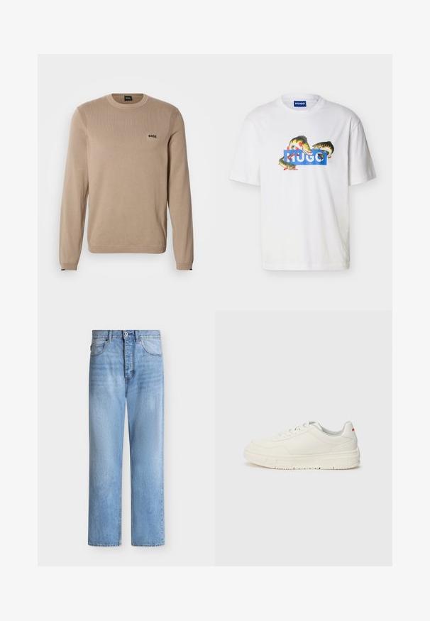 Jersey de punto beige con mangas largas, cuello redondo, detalles acanalados y pequeño logo negro 'BOSS' en el pecho. Textura suave, ajuste clásico.; Camiseta blanca de manga corta con el logo "HUGO" en azul y tres gráficos de peces coloridos alrededor del logo en la parte delantera.; Vaqueros de denim azul claro de pierna recta con cierre de botón y cremallera, bolsillos delanteros y traseros, y presillas para cinturón en la cintura.; Zapatillas blancas con un upper de cuero liso, puntera redonda, cordones planos y una suela de goma texturizada. Un detalle rojo se encuentra en el talón.