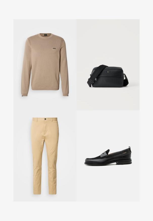 Jersey de punto beige con mangas largas, cuello redondo, detalles acanalados y pequeño logo negro 'BOSS' en el pecho. Textura suave, ajuste clásico.; Chinos beige de algodón con una textura suave. Incluyen un cierre de botón, pasadores para cinturón y se estrechan hacia el tobillo.; Mocasín de cuero negro con detalle de tira gris, tacón bajo y suela texturizada, con la marca "HUGO" en oro en el lateral.; Bolso bandolera negro de cuero texturizado con bolsillo frontal con cremallera y correa de hombro ancha de tela ajustable sobre fondo blanco.