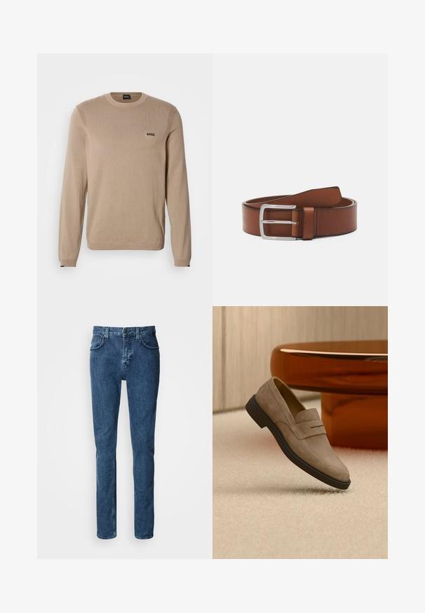 Jersey de punto beige con mangas largas, cuello redondo, detalles acanalados y pequeño logo negro 'BOSS' en el pecho. Textura suave, ajuste clásico.; Vaqueros de mezclilla azul oscuro con corte recto, que incluyen bolsillos frontales, una cremallera y detalles de costura sutil.; Mocasín de ante beige con suela negra flotando sobre suelo alfombrado claro, junto a una mesa de café ovalada marrón brillante en una habitación moderna.; Cinturón de cuero marrón con una textura suave, que cuenta con una hebilla rectangular de plata y un solo soporte para abrochar. Diseño clásico y material duradero.
