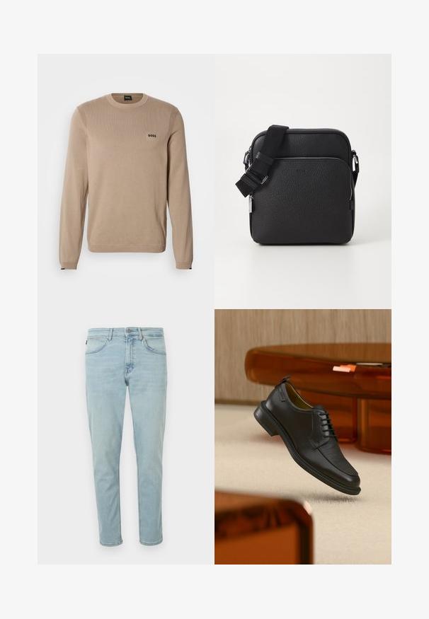 Pull en maille beige à manches longues, col rond, détails côtelés et petit logo noir « BOSS » sur la poitrine. Texture douce, coupe classique.; Jean en denim bleu clair à coupe slim, avec cinq poches, fermeture par bouton et zip, et légère décoloration pour un aspect net.; Chaussure habillée noire en cuir à lacets avec devant texturé, flottant au-dessus d'un tapis beige dans une pièce moderne avec des meubles teintés d'ambre.; Sac bandoulière en cuir noir avec une surface texturée, doté d'une poche zippée à l'avant, d'une bandoulière ajustable et d'accents en métal.