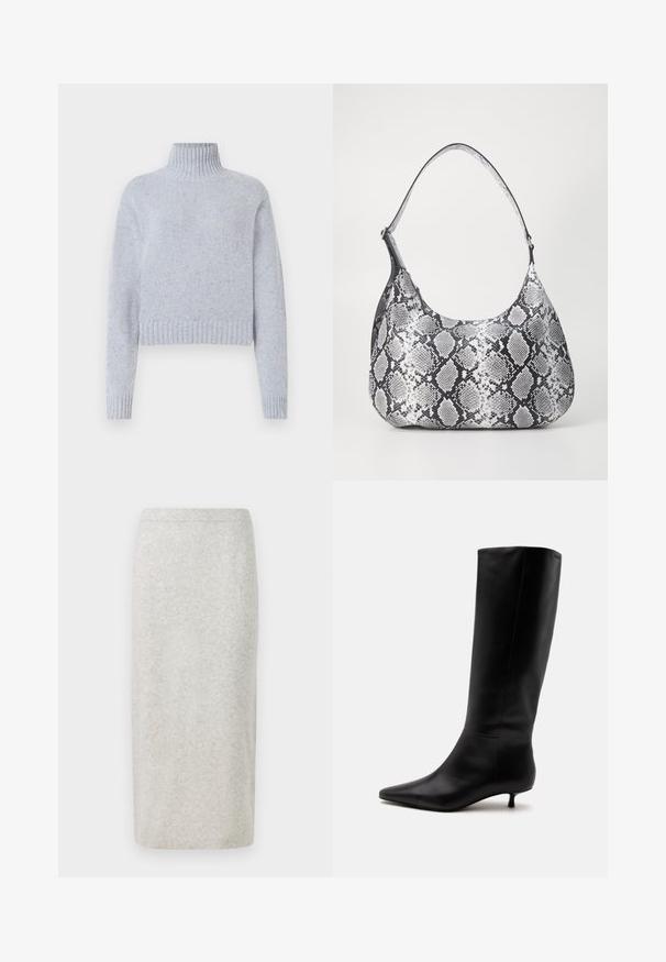 Helles blaues gesprenkeltes Strick-Turtleneck-Pullover mit langen Ärmeln sowie gerippten Bündchen und Saum, auf einem weißen Hintergrund präsentiert.; Strick-Bleistiftrock in Hellgrau, mit einer glatten Textur und eng anliegendem Design, am unteren Rand gesäumt und mit einem leicht dehnbaren Bund.; Schwarzer kniehoher Lederstiefel mit spitz zulaufender Schuhspitze und niedrigem Kittenabsatz vor einem schlichten hellen Hintergrund.; Schultertasche im schwarz-weißen Schlangenprint mit runder Form, glatter Textur und gebogenem Tragegurt. Mit einem silbernen Hardware-Akzent.