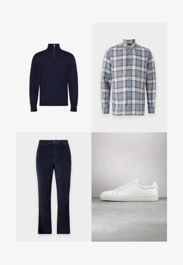 Pull bleu foncé à manches longues avec un col montant et une demi-fermeture éclair au centre devant, avec un petit logo brodé sur la poitrine.; Chemise à carreaux dans des teintes blanches, bleues, vertes et violettes. Équipée d'un col à boutons, de manches longues et de boutons sur le devant. Tissu léger.; Pantalons en corduroy bleu marine avec une coupe droite, dotés d'une fermeture à bouton, de passants de ceinture et d'un tissu à côtes texturé.; Sneaker blanche avec une tige en cuir lisse et un profil bas. Présente un bout arrondi, six œillets et une semelle en caoutchouc texturé.