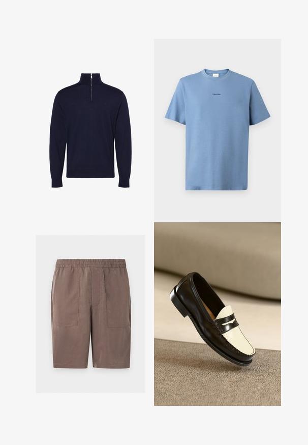 Jersey azul oscuro de manga larga con cuello alto y media cremallera en el centro delantero, con un pequeño logo bordado en el pecho.; Camiseta de algodón de color azul claro con mangas cortas, cuello redondo y sutil logotipo de "Calvin Klein" en negro en el pecho. Textura suave.; Pantalones cortos marrones hasta la rodilla con cintura elástica y dos grandes bolsillos delanteros de parche, colocados planos sobre un fondo blanco.; Mocasines de cuero negro con un vampiro color crema y rayas de acento negras, presentando un tacón bajo y costuras detalladas a lo largo de los bordes.