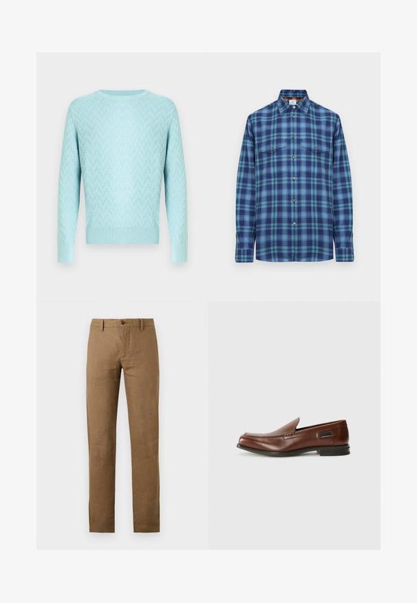 Pull bleu clair en maille avec un motif texturé, col rond et manches longues avec poignets et ourlet côtelés.; Chemise à manches longues à boutons avec un motif à carreaux bleu, vert et marine et deux poches poitrine à boutons sur fond blanc.; Pantalon marron à jambes droites avec passants de ceinture et fermeture boutonnée et zippée à l'avant sur fond uni.; Stuart Weitzman BURT - Chaussons - auburn