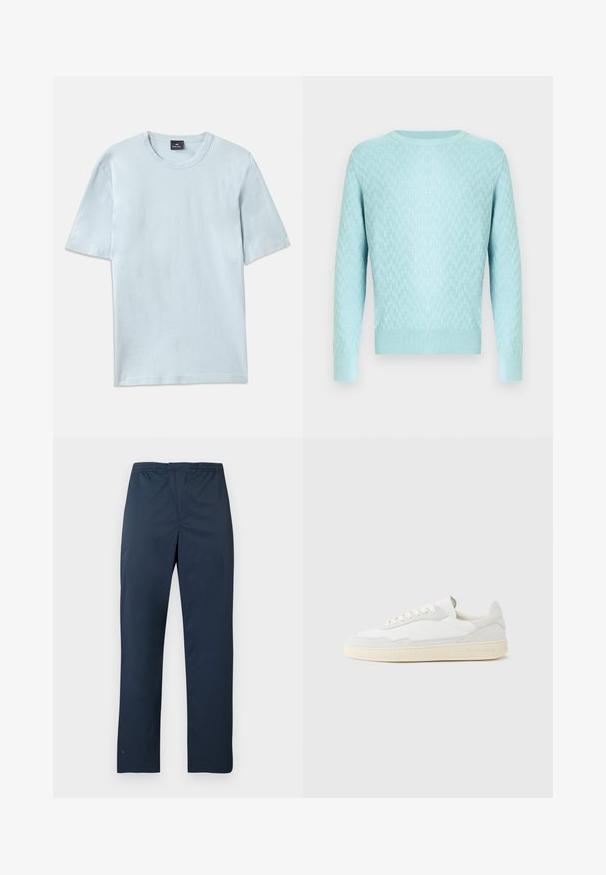 Pull bleu clair en maille avec un motif texturé, col rond et manches longues avec poignets et ourlet côtelés.; T-shirt en coton bleu clair avec un col rond et des manches courtes. Le tissu a une texture lisse et un design à coupe décontractée.; Pantalon bleu marine léger avec une ceinture élastique et des jambes droites. Texture lisse sans motifs ni accents visibles.; Baskets blanches avec dessus en daim et cuir texturé. Caractérisées par un bout arrondi, une fermeture à lacets et une semelle en caoutchouc beige contrastante.
