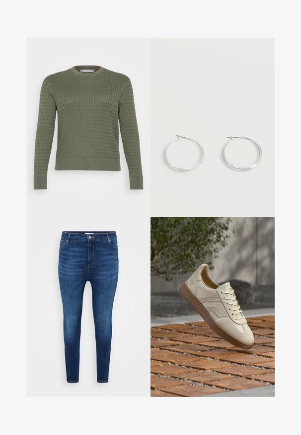 Tommy Hilfiger Curve CABLE FINE - Strickpullover - green; Dunkelblaue Skinny-Jeans mit vorderen Taschen, Gürtelschlaufen und einem Knopfverschluss auf einem schlichten hellen Hintergrund.; Sneaker in cremefarben mit einer strukturierten, beigen Gummisohle, schnürungsdesign und dezentem Branding an der Seite. Glattes Lederobermaterial.; Silberne Metallcreolen mit glatter, leicht gebogener Oberfläche und Klappverschluss vor schlicht weißem Hintergrund.