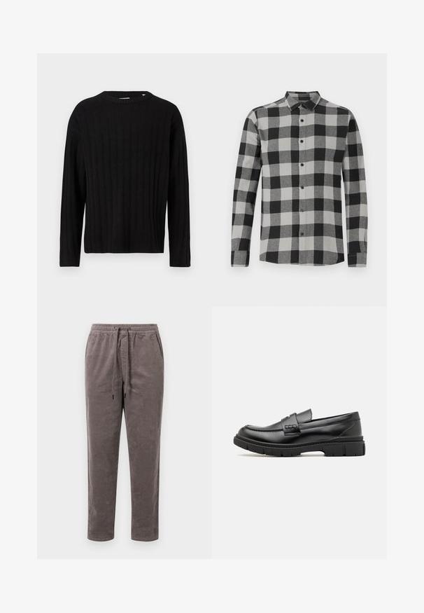 Pull en maille côtelée noir à manches longues et col rond. Texture douce, coupe droite, sans quincaillerie ou accents visibles.; Chemise à manches longues à carreaux noirs et gris avec une fermeture à boutons sur le devant. Dotée d'un col et de boutons noirs. Fabriquée en tissu doux et texturé.; Pantalons en velours côtelé couleur taupe douce, avec une taille élastique munie d'un cordon de serrage et des jambes fuselées avec une texture côtelée verticale.; Mocassin en cuir noir avec une large sangle sur le devant, semelle en caoutchouc à épaisse rainure, et texture lisse. Design classique et élégant.
