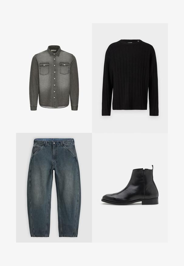 Sort ribbet striktrøje med lange ærmer og rund halsudskæring. Blød tekstur, lige pasform, ingen synligt hardware eller dekorationer.; Grå denimskjorte med button-down krave, lange ærmer, to brystlommer og sølvhardware detaljer. Aftagende gradient design.; Højtaljede mørkegrå denimjeans med skrå frontlommer, knaplukning, bæltestropper og let tilspidsede ben.; Zign LEATHER - Støvletter - black