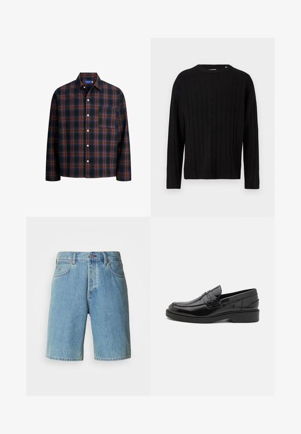 Pull en maille côtelée noir à manches longues et col rond. Texture douce, coupe droite, sans quincaillerie ou accents visibles.; Chemise à manches longues à carreaux avec un motif de checks bleus, bruns et noirs, fermeture par boutons et poche poitrine. Fabriquée en tissu doux.; Shorts en denim bleu clair, présentant un motif à rayures verticales, cinq poches et une fermeture à bouton avec une quincaillerie en métal.; Mocassins en cuir noir avec une finition lisse, un bout rond, un petit talon et descoutures décoratives à l'avant. Semelle en caoutchouc pour l'adhérence.