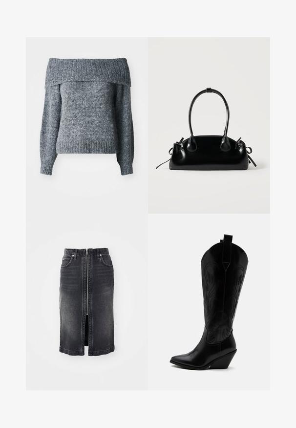 Suéter gris off-the-shoulder, textura de punto, mangas largas, dobladillo acanalado, escote amplio y un corte holgado, ideal para superponer.; Falda de mezclilla negra con cremallera frontal, dos bolsillos laterales, diseño de longitud media y un ligero desgaste. Presenta un corte recto y bordes dobladillos.; Bota de vaquero de cuero negro con punta puntiaguda, tacón bloqueado inclinado, costuras decorativas y lengüetas en la parte superior sobre fondo blanco.; Pequeño bolso negro brillante con dos asas largas y detalles de cordón lateral sobre un fondo claro liso.