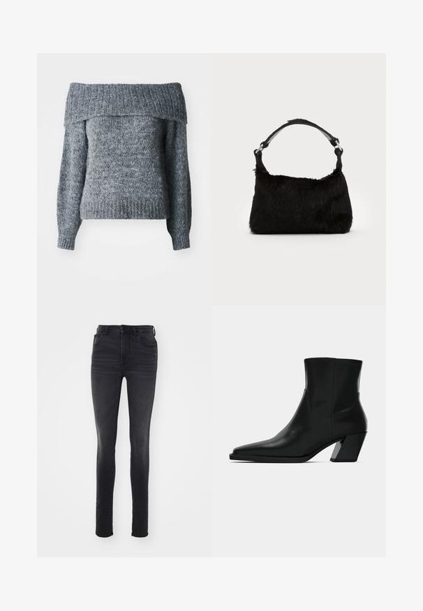 Grå off-shoulder sweater, strikket tekstur, lange ærmer, ribbet kant og halsudskæring med en løs pasform, velegnet til lagdeling.; Slankt fit sorte jeans lavet af denim, med høj talje, fem-lomme design, subtil falmning og lige silhuet.; Sortlæder ankelstøvle med spids tå, en slank silhuet og en kraftig firkantet hæl. Glat tekstur med minimale stikninger.; Sort faux fur håndtaske med en blød tekstur, rund form og en robust skulderrem i sort læder. Synlige sølvhardware-detaljer.