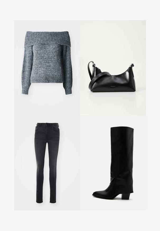 Grå off-shoulder sweater, strikket tekstur, lange ærmer, ribbet kant og halsudskæring med en løs pasform, velegnet til lagdeling.; Slankt fit sorte jeans lavet af denim, med høj talje, fem-lomme design, subtil falmning og lige silhuet.; Høj sort læderstøvle med skråt syning, spids tå og kraftig mellemhøj hæl på hvid baggrund.; Sort læderhåndtaske med en glat tekstur. Har en justerbar stropp og et enkelt, minimalistisk design med lynlås.
