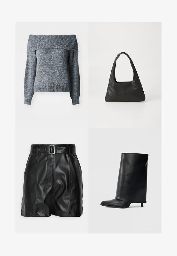 Pull gris à épaules dénudées, texture tricotée, manches longues, ourlet et encolure côtelés avec une coupe ample, idéal pour le superposition.; Shorts en cuir noir avec une texture lisse, taille haute et une large ceinture avec une boucle rectangulaire en argent. Design plissé à l'avant.; Bottine en cuir noir avec un design structuré à rabat, bout pointu et talon fin. Texture lisse avec un minimum de détails.; Sac à main en cuir noir de forme triangulaire, avec une grande poignée découpée et des coutures détaillées le long des bords. Texture lisse.