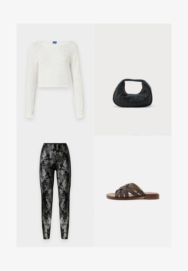 Weißer, kurzer, gestrickter Pullover mit einem strukturierten Muster, das in der Mitte ein Schmetterlingsdesign zeigt, sowie gerippten Bündchen an den Ärmeln.; Schwarze Spitzenleggings mit floralem Muster, transparenter Stoff und enger Passform, mit einem glatten Bund und geschlossenen Säumen.; Braune flache Sandale mit mehrlagigen Lederbändern, die über den Fuß verlaufen, und einem runden Schnallendetail oben.; Schwarze gewebte Hobo-Tasche mit weicher Struktur und integriertem Griff, dargestellt vor einem schlichten hellen Hintergrund.