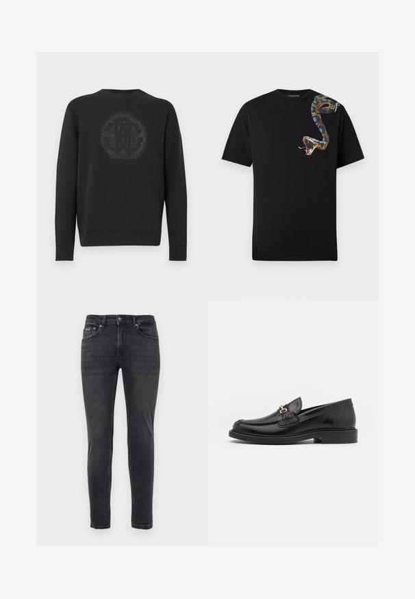 Schwarzer Pullover aus weichem Stoff, mit einem strukturierten, runden Logo in der Mitte, umgeben von dekorativen Akzenten. Lange Ärmel.; Schwarzes kurzärmliges T-Shirt mit einem bunten Schlangendesign, das sich von der Schulter bis zur Brust windet, mit offenem Maul und herausgestreckter Zunge.; Schmal geschnittene schwarze Jeans mit fünf Taschen und einem Knopf- und Reißverschluss, vor einem schlichten weißen Hintergrund präsentiert.; Schwarze Lederleter mit einer abgerundeten Zehenpartie, ausgestattet mit goldenen Hardwareakzenten und Stichdetails, auf einer niedrigen, strukturierten Gummisohle.