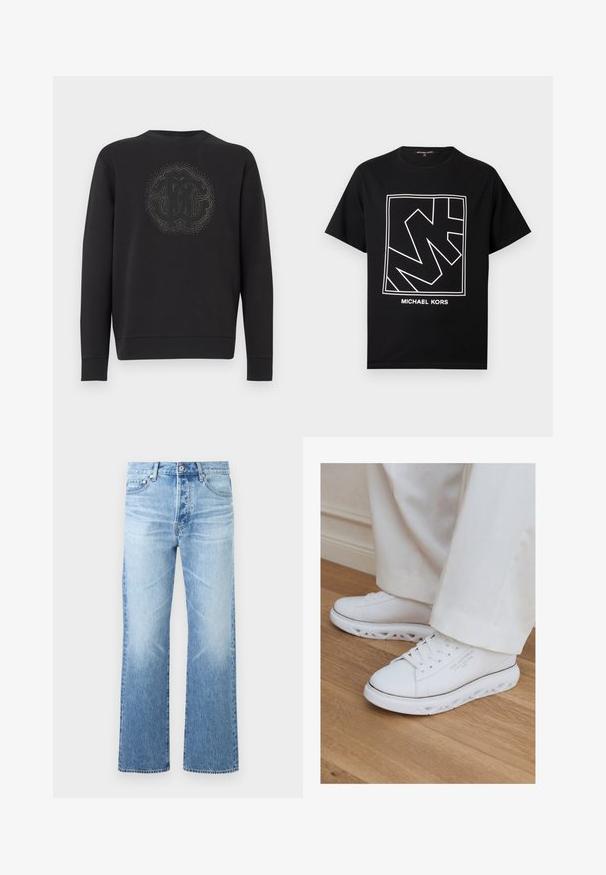 Sort sweatshirt lavet af blødt stof, med et tekstureret cirkulært logo i midten omgivet af dekorative accenter. Lange ærmer.; Sort T-shirt i bomuld med et geometrisk hvidt logo og mærkenavnet "MICHAEL KORS" trykt nedenunder i en rektangulær ramme.; Lyseblå denimjeans med lige ben, design med fem lommer, knaplukning og diskret falmning på lår og knæ.; Hvide lave sneakers med unikke udskårne såler båret med lystfarvede bukser på et trægulv.