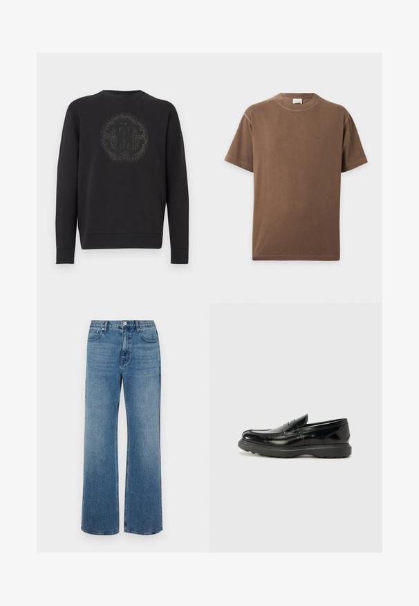 Zwarte sweatshirt van zachte stof, met een geprofileerd cirkelvormig logo in het midden en decoratieve accenten daaromheen. Lange mouwen.; Bruin T-shirt met korte mouwen en ronde hals met een klein, subtiel borstlogo en een stoffen label aan de binnenkant van de kraag.; Brede blauwe jeans van denim met een verouderde afwerking. Heeft vijf zakken, een sluiting met vooraan knoop en een rechte snit.; Zwarte leren instapper met een glanzende afwerking, een ronde neus, subtiele stiksels en een dikke rubberen zool voor duurzaamheid.