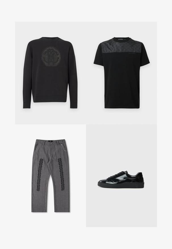 Schwarzer Pullover aus weichem Stoff, mit einem strukturierten, runden Logo in der Mitte, umgeben von dekorativen Akzenten. Lange Ärmel.; Schwarzes T-Shirt mit kurzen Ärmeln, das ein strukturiertes graues Paneel auf der oberen Vorderseite, ein detailliertes Logo und einen runden Ausschnitt aufweist.; Grau karierte Hose mit schwarzem Textdetail an den Seiten, mit einer Kette als Akzent am Bund. Gerade Beinform, strukturiertes Material.; Schwarze Lackledersneaker mit runder Zehenform, Schnürdesign, strukturiertem Gummisohle und glatter Oberfläche.