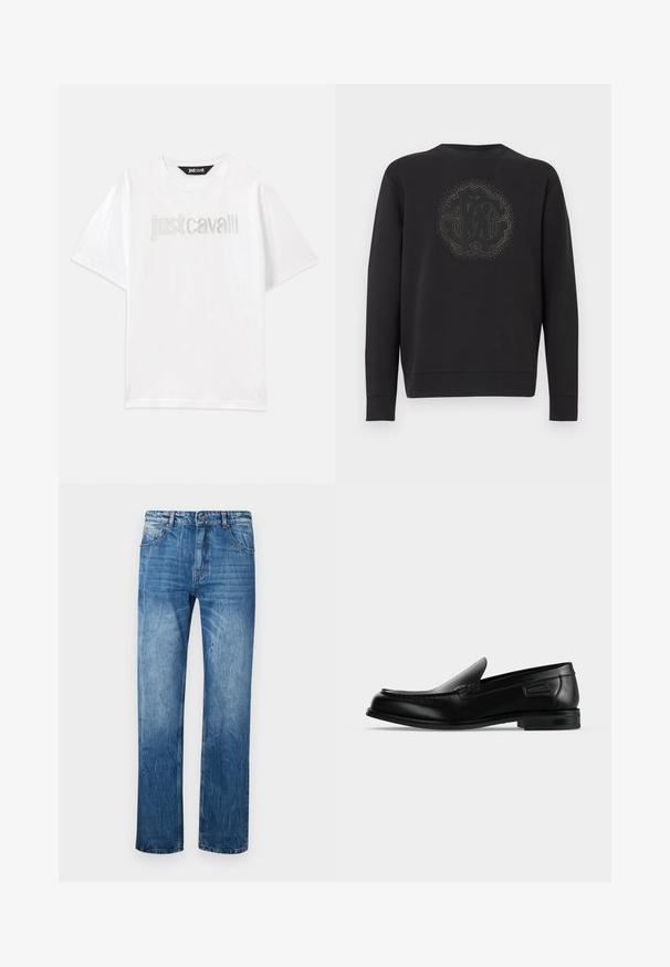 Zwarte sweatshirt van zachte stof, met een geprofileerd cirkelvormig logo in het midden en decoratieve accenten daaromheen. Lange mouwen.; Witte katoenen T-shirt met korte mouwen en een relaxte pasvorm. Heeft "Just Cavalli" in zilver geborduurd over de borst.; Blauwe spijkerbroek met een rechte snit, voorzien van vijf zakken, riemlussen en subtiele vervaging over de stof.; Zwarte leren instapschoen met lage hak, afgeronde neus en decoratieve stiksels langs de bovenrand.