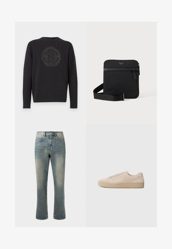 Sort sweatshirt lavet af blødt stof, med et tekstureret cirkulært logo i midten omgivet af dekorative accenter. Lange ærmer.; Lys blå denim jeans med lige ben, mellemhøj talje og subtilt slid. Har klassisk lomme-design og kontrasterende stikninger.; Beige ruskinds sneaker med en rund tå, flade snørebånd og en tekstureret gummisål. Minimalistisk design med glatte kanter og diskret syning.; Sort firkantet skuldertaske med lynlås, frontlomme og justerbar rem med præget brandnavn.