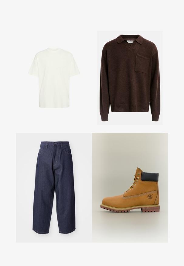 Donkerbruin gebreid vest met lange mouwen, kraag, V-hals, geribde boorden en zoom, en een borstzak aan de linkerkant.; Witte katoenen t-shirt met een losse pasvorm, ronde hals, korte mouwen en een vlakke zoom, met een gladde textuur en geen zichtbare patronen.; Donkerblauwe denim jeans met een losse, wijde pasvorm. Kenmerken zijn een knoopsluiting, steekzakken aan de voorkant en zichtbare stiksels.; Bruine leren enkellaars met zwarte kraag, gele veters en een zandkleurige zool. Voorzien van een logo en witte stikseldetails. Robuuste loopzool met grip.