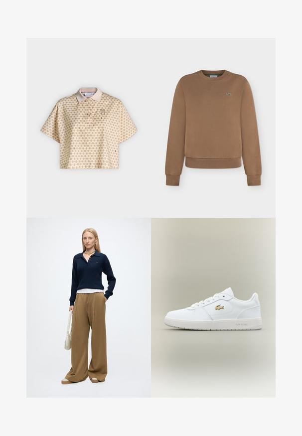 Sweat-shirt marron à manches longues avec poignets et ourlet côtelés, avec un petit logo crocodile vert sur la poitrine gauche.; Polo court beige avec imprimé géométrique petit partout et manches courtes, doté d'un col classique et d'une patte de boutonnage.; Femme aux cheveux blonds raides portant un pull bleu marine, un pantalon large beige, des chaussures beiges, des bijoux en or, et tenant un sac à main blanc avec une main dans la poche.; Baskets en cuir blanc avec un design basse, bout arrondi, fermeture à lacets et un accent du logo doré Lacoste sur le côté.