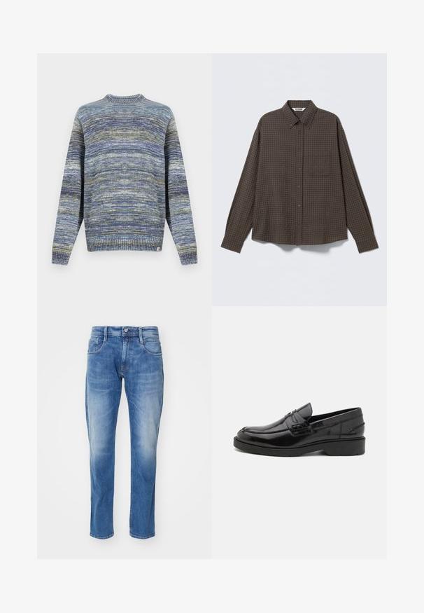Strikket sweater i blå og grønne nuancer. Rund halsudskæring, ribbede manchetter og kant. Tekstureret mønster med varierende nuancer og en logomærkat på kanten.; Brun ternet skjorte med knapper, langærmet, med en lomme foran og en løs pasform. Fremstillet af et blødt, struktureret stof.; Lys blå denim jeans med lige ben, fem-lomme design, subtil falmning, og en standart talje med knaplukning.; Sorte læder loafers med en glat finish, rund tå, lav hæl og dekorativ syning langs forsiden. Gummisål for godt greb.