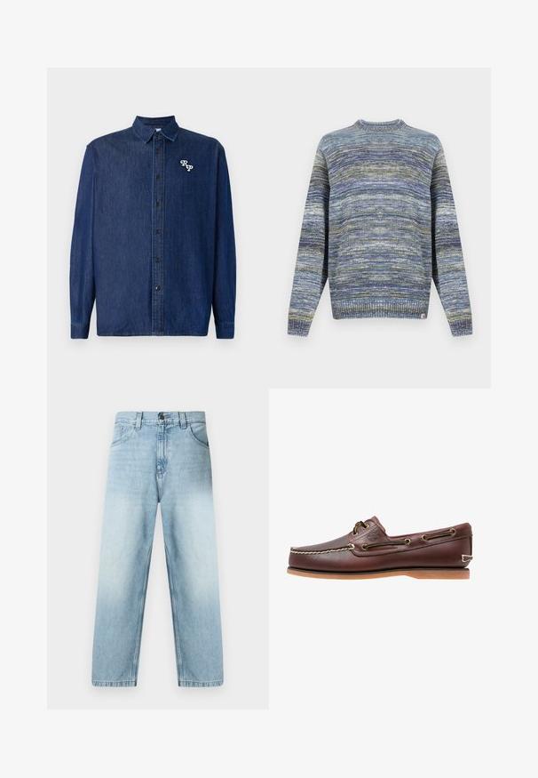 Suéter de punto en tonos azules y verdes. Cuello redondo, puños y dobladillo acanalados. Patrón texturizado con tonos variados y etiqueta con logo en el dobladillo.; Camisa de denim azul oscuro con cierre de botones en la parte delantera, mangas largas y cuello puntiagudo. Presenta un logo "RP" bordado en blanco.; Vaqueros rectos de color azul claro con acabado desgastado, diseño de cinco bolsillos y costuras visibles a lo largo de las costuras. Material de algodón denim.; Zapato náutico de cuero marrón con costuras blancas, detalles de cordones y suela de goma color coñac, mostrado de lado sobre un fondo blanco.