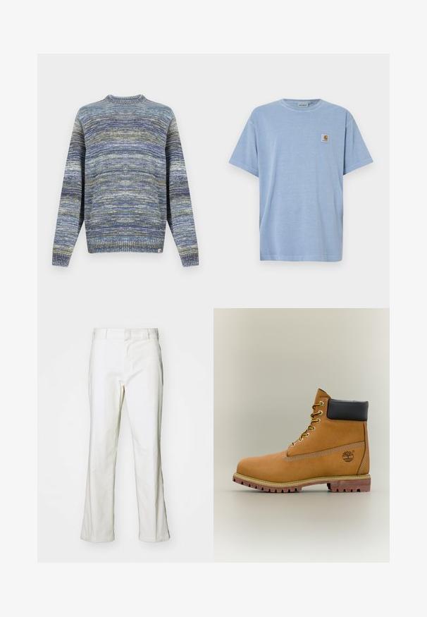 Pull en maille aux teintes bleues et vertes. Encolure ronde, poignets et ourlet côtelés. Motif texturé avec des nuances variées et une étiquette logo à l'ourlet.; T-shirt en coton bleu clair à manches courtes, col rond, avec une petite étiquette logo carrée comportant une lettre « C » stylisée sur la poitrine.; Pantalons en coton blanc avec une coupe droite, dotés d'une taille et de poches standard. Le tissu semble lisse et légèrement texturé.; Bottine en cuir marron avec col noir, lacets jaunes et semelle beige. Présente un logo et des détails de couture blanche. Semelle extérieure à traction robuste.