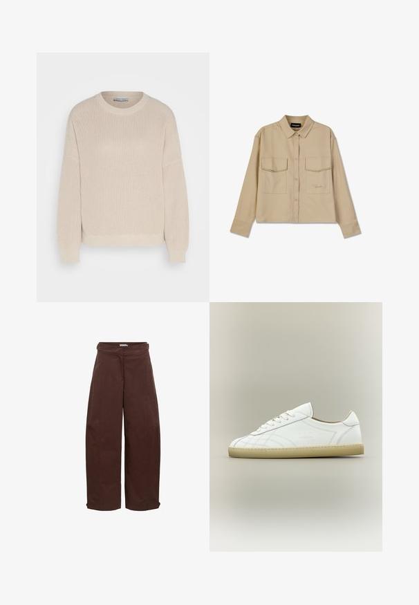 Anna Field by Zalando Pullover - grey; Chemise beige à manches longues en tissu doux, dotée d'une fermeture à boutons, de deux poches poitrine et d'un ourlet droit. Broderie discrète du logo à l'avant.; Pantalon marron à jambes larges avec bretelles boutonnées à la taille et aux poignets, fermeture frontale cachée et détails de coutures visibles.; Baskets basses en cuir blanc avec semelle beige, lacets et motifs cousus subtils sur fond neutre.