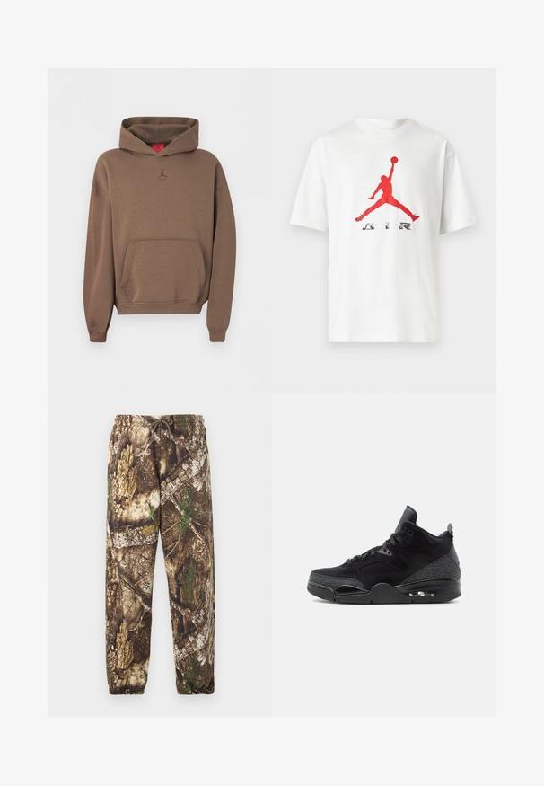Sudadera marrón con capucha con bolsillo frontal tipo canguro y pequeño logo Jumpman centrado debajo del cuello sobre un fondo liso.; Camiseta blanca de manga corta con una silueta roja de un jugador de baloncesto saltando y la palabra "AIR" debajo en la parte delantera.; Pantalones de chándal de camuflaje con un patrón natural en tonos marrón y verde, que cuentan con una cintura elástica con cordón y puños elásticos en los tobillos.; Zapatilla negra de caña alta con cordones en la parte delantera, paneles laterales estampados, unidad visible de suela de aire y cuello acolchado para el tobillo sobre fondo blanco.