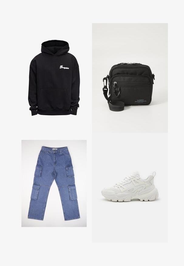 Schwarzer Kapuzenpullover mit Kängurutasche auf der Vorderseite und weißem "Dropsize"-Logo auf der linken Brust, langen Ärmeln sowie gerippten Bündchen an Ärmelabschlüssen und Saum.; Blaue Denim-Cargo-Hosen mit mehreren Seitentaschen, einem geraden Beindesign und einem klassischen Bund. Der Stoff hat eine leicht strukturierte Textur und ist leicht ausgebleicht.; Weißer Sport-Sneaker mit strukturiertem Obermaterial, Mesh-Einsätzen, auffälliger Gummisohle und dekorativen Ausschnitten an den Seiten.; Schwarze Crossbody-Tasche aus Stoff mit zwei Reißverschlussfächern, verstellbarem Gurt und dezentem Logo-Detail in Blau auf der Vorderseite.