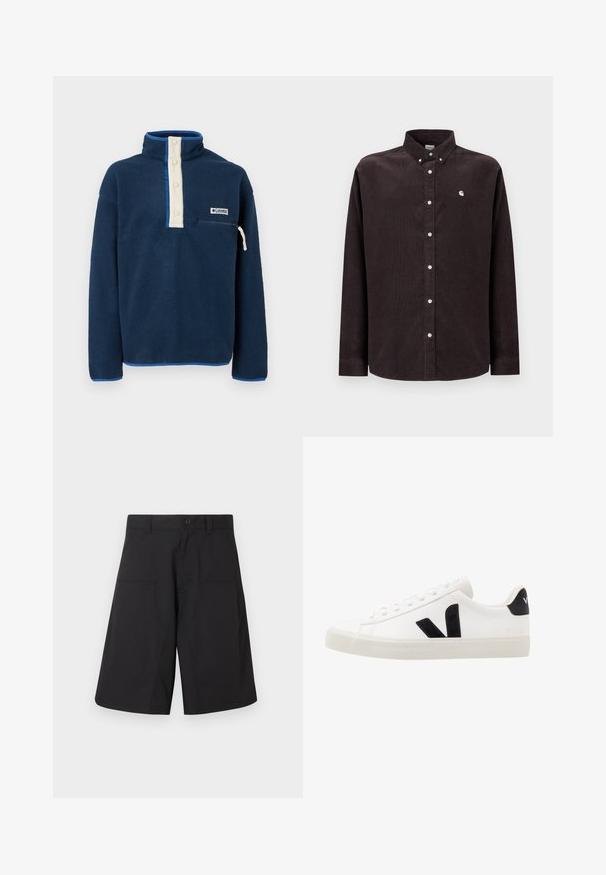 Polaire bleu marine à col montant, patte de boutonnage crème, poche zippée sur la poitrine et écusson du logo Columbia Sportswear.; Chemise en velours côtelé marron foncé avec col boutonné, manches longues, boutons blancs et petit logo sur la poitrine gauche.; Shorts cargo noirs en tissu léger, dotés d'une fermeture à bouton et de deux poches avant, avec un design épuré à coupe droite.; Sneaker blanche en cuir avec des accents en daim noir ; dispose d'une semelle en caoutchouc, d'un bout rond et d'un design classique à lacets. Logo latéral en noir.