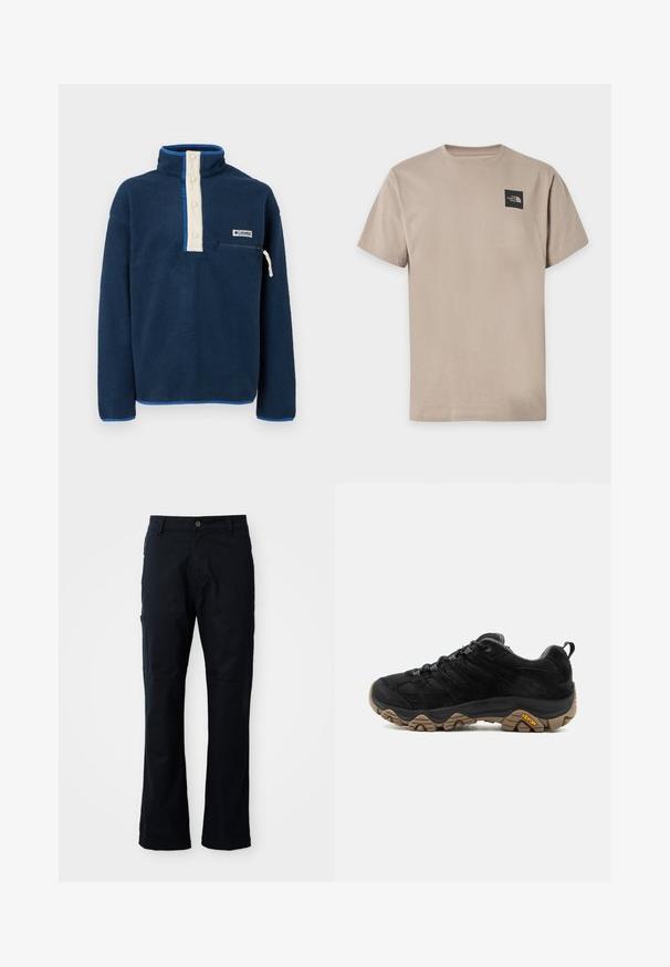 Marineblauer Fleece-Pullover mit hohem Kragen, cremefarbener Knopfleiste, Reißverschlusstasche auf der Brust und Columbia Sportswear Logo-Patch.; Beige kurzärmeliges T-Shirt mit Rundhalsausschnitt und kleinem schwarzen The North Face-Logo auf der oberen linken Brust.; Dunkelblaue Hosen aus Baumwollmischung, mit geradem Schnitt, seitlichem Reißverschlussfach und subtilen Nähdetails.; Schwarzer Wanderschuh mit robuster brauner Vibram-Sohle, Mesh- und Wildleder-Obermaterial, Schnürdesign und hinterer Zuglasche, von der Außenseite gezeigt.
